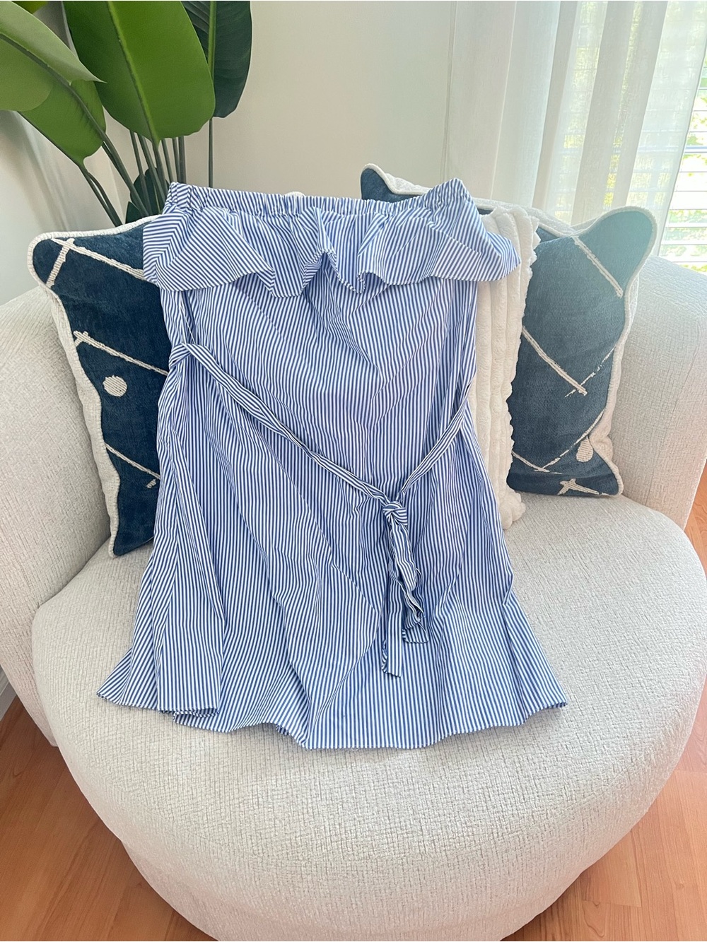 Michael Kors Blue and White Stripe Strapless Dress